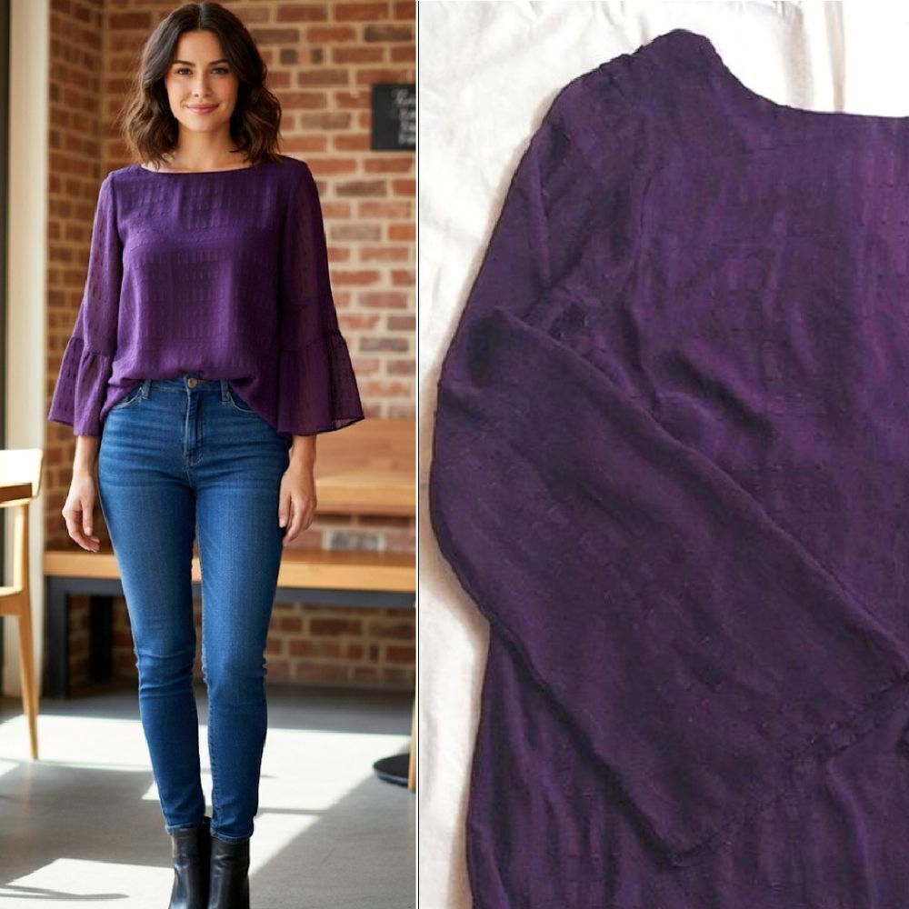 AB Studio Purple Layered Sheer Embroidered Bell Sleeves Blouse XL